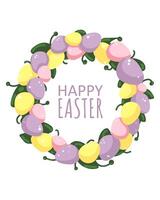 Easter wreath of yellow, pink and purple eggs as frame with cartoon-style Happy Easter text. Design for web use, printing and postcards. vector