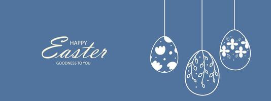 Easter web banner with garland of vintage Easter eggs on blue background with place for text. Happy Easter. Garland with silhouettes of vintage eggs suspended on strings. vector