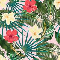 Seamless Floral Pattern with Hibiscus, Plumeria and Lush Leaves on a Pastel Pink Background vector