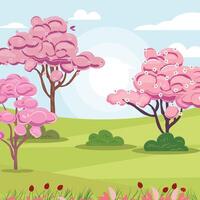 Square Composition with Pink Trees, Berries, and Flowers on a Green Field vector