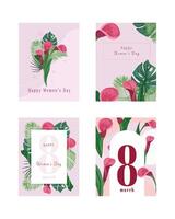colección de floral tarjetas para contento internacional De las mujeres día presentando calla flores y tropical hojas vector
