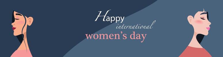 Happy International Women's Day banner. Two women with closed eyes and long hair vector