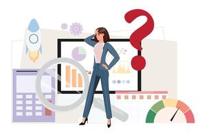 Woman in Startup Faces Dilemma Amidst the Array of Decision-Making Tools. Calendar, rocket, calculator, monitor, charts and question mark in the background vector