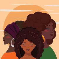 Three stunning black women with closed eyes, framed against a dreamy yellow background adorned with clouds. Black lives matter vector