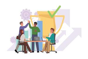 Diverse Team Celebrates Great Success with High Fives. Two men giving high five as a sign of achievement and two diverse women sitting at the desk with laptops and joining the celebration vector