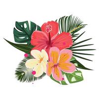 Isolated Bouquet with Plumeria, Hibiscus and Exotic Leaves vector