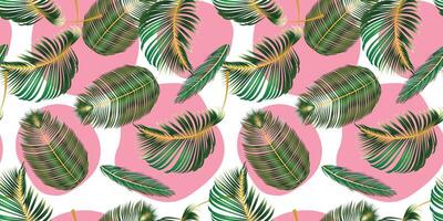 Seamless Pattern with Tropic Palm Leaves on Abstract Pink Shapes. For textile, paper, prints, cards, apparel vector