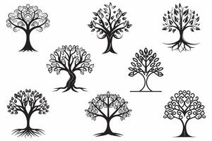 Decorative Trees Set Outline Vector Illustration On White Background