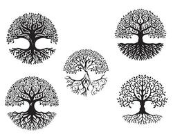 Tree silhouette with branches leaves and roots vector on white background stock illustration