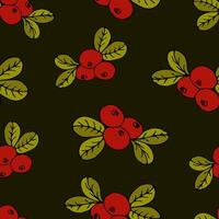 Seamless pattern of cranberries or lingonberries with leaves on a dark green berry background. Vector autumn illustration for printing on packaging, wallpaper, fabric, web design