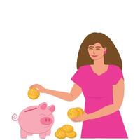 un mujer pone monedas con dólar señales dentro un cerdo cerdito banco. crecimiento de efectivo ahorros o ingreso, inversión, negocio. vector dibujos animados ilustración