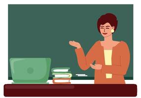 A female teacher stands at the blackboard and table with a laptop and books. On the blackboard there is a space for text. Education, school, study. Vector color illustration