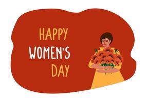 saludo tarjeta, horizontal bandera para internacional De las mujeres día marzo 8vo. joven niña con un ramo de flores de rojo amapolas y el inscripción - contento De las mujeres día, vector dibujos animados ilustración