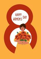 saludo tarjeta, bandera para internacional De las mujeres día marzo 8vo. joven mujer con un ramo de flores de rojo amapolas dentro el número ocho en un amarillo fondo, vertical vector dibujos animados ilustración