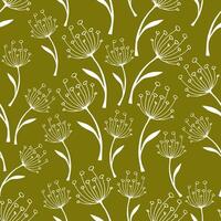 Seamless botanical pattern of white twigs on a green background. Vector autumn illustration of dried plants and dried flowers for printing on packaging, wallpaper, fabric, web design