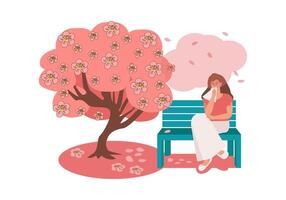 A young woman suffers from allergies, has a runny nose and tears, sits on a park bench near a blooming tree in the spring. Hay fever, pollen allergy, seasonal disease. Vector flat illustration.