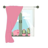 Window with curtains, blooming succulents in pots and a piggy bank on the windowsill, from the window a view of the blue sky with clouds. Home comfort, interior, savings, money, vector