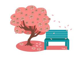 A bench in the park near cherry blossoms. Spring romantic background, banner for the sakura festival. Vector cartoon illustration.