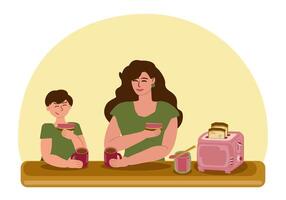 mamá y hijo son teniendo desayuno juntos en un bueno ánimo, Bebiendo té y comiendo brindis con mermelada. en el mesa allí es un eléctrico tostadora con tostado un pan y un tarro de mermelada. vector dibujos animados