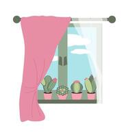 Window with curtains and flowering succulents in pots on the windowsill, from the window a view of the blue sky with clouds. Home comfort, indoor plants on the window, vector color illustration