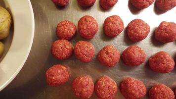 Short video in 4k showing hand-made meatballs ready to be cooked in tomato sauce