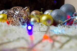 christmas background with bubbles, colorful christmas lights, christmas decorations photo