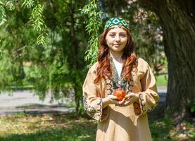 armenio joven mujer en tradicional ropa en el naturaleza en verano foto