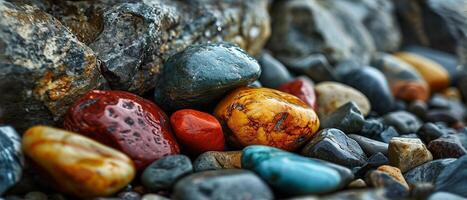 ai generado vistoso mojado guijarros y rocas de cerca. un vibrante colección de mojado guijarros y rocas en varios colores y patrones, brillante con humedad foto