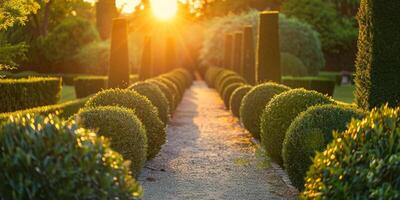 ai generado puesta de sol resplandor terminado un formal jardín ruta foto