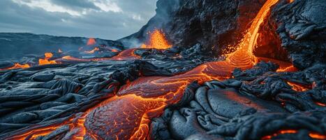 AI generated Molten Lava Flow on Rugged Volcanic Landscape. Fiery molten lava flows through a dark, cooled volcanic terrain, showcasing the raw power of nature photo