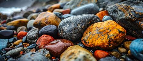 ai generado vistoso mojado guijarros y rocas de cerca. un vibrante colección de mojado guijarros y rocas en varios colores y patrones, brillante con humedad foto