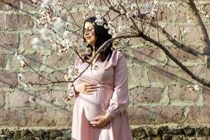 the pregnant woman in the park, beautiful woman in the park, pregnant woman in spring photo