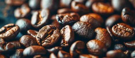 AI generated Close-up image capturing the rich textures and dark tones of freshly roasted coffee beans, with a focus on their glossy surfaces. Freshly Roasted Coffee Beans photo