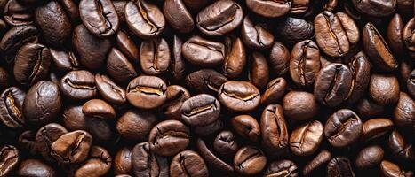 AI generated Close-up image capturing the rich textures and dark tones of freshly roasted coffee beans, with a focus on their glossy surfaces. Freshly Roasted Coffee Beans photo