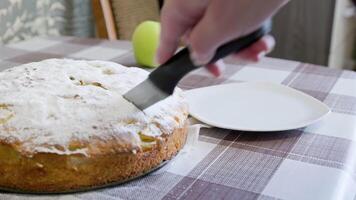 caucásico mujer cortar triangular rebanada de clásico manzana tarta y servicio en blanco plato video