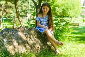 bonito pequeño niña en el naturaleza, niña en verano foto