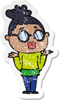 distressed sticker of a cartoon confused woman wearing spectacles png