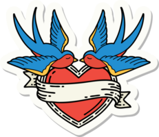 sticker of tattoo in traditional style of swallows and a heart with banner png