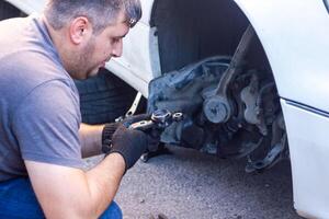 mechanic changing car wheel, car mechanic changing the wheel of a car photo