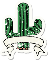 worn old sticker with banner of a cactus png