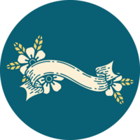 iconic tattoo style image of a banner and flowers png