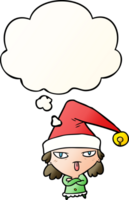 cartoon girl wearing christmas hat with thought bubble in smooth gradient style png