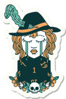 sticker of a crying human bard with natural one D20 dice roll png