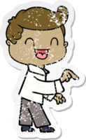 distressed sticker of a cartoon happy man pointing png