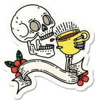 tattoo style sticker with banner of a skull drinking coffee png