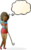 dessin animé femme jouant au golf avec bulle de pensée png