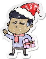 hand drawn distressed sticker cartoon of a man sweating wearing santa hat png