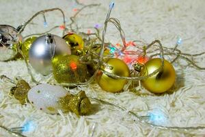 christmas background with bubbles, colorful christmas lights, christmas decorations photo