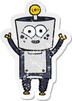 distressed sticker of a happy cartoon robot waving hello png