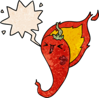 cartoon flaming hot chili pepper with speech bubble in retro texture style png